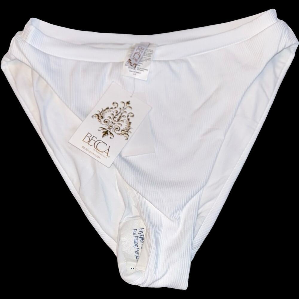 NWT Becca White Ribbed High Waist French Cut Bikini Bottoms Swim Size Large